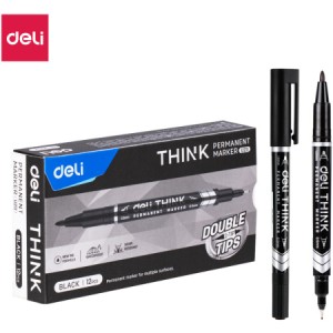 Маркер перманентный двухсторонний "DELI think" 0.5-1 мм, чёрный стержень, U211 /уп 12 шт