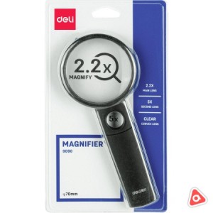 Лупа DELI 75 мм, 3 кратная, дополнительная линза 5/6 кратная / 9090