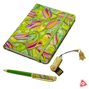 Подарочный набор "Лейла" записная книжка, ручка и usb флешка 8 гб - зеленый цвет