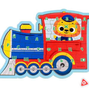 Пазл деревянный с Алфавитом. Паровоз/Улитка/Динозавр/в ассорти /6898/6896/6899