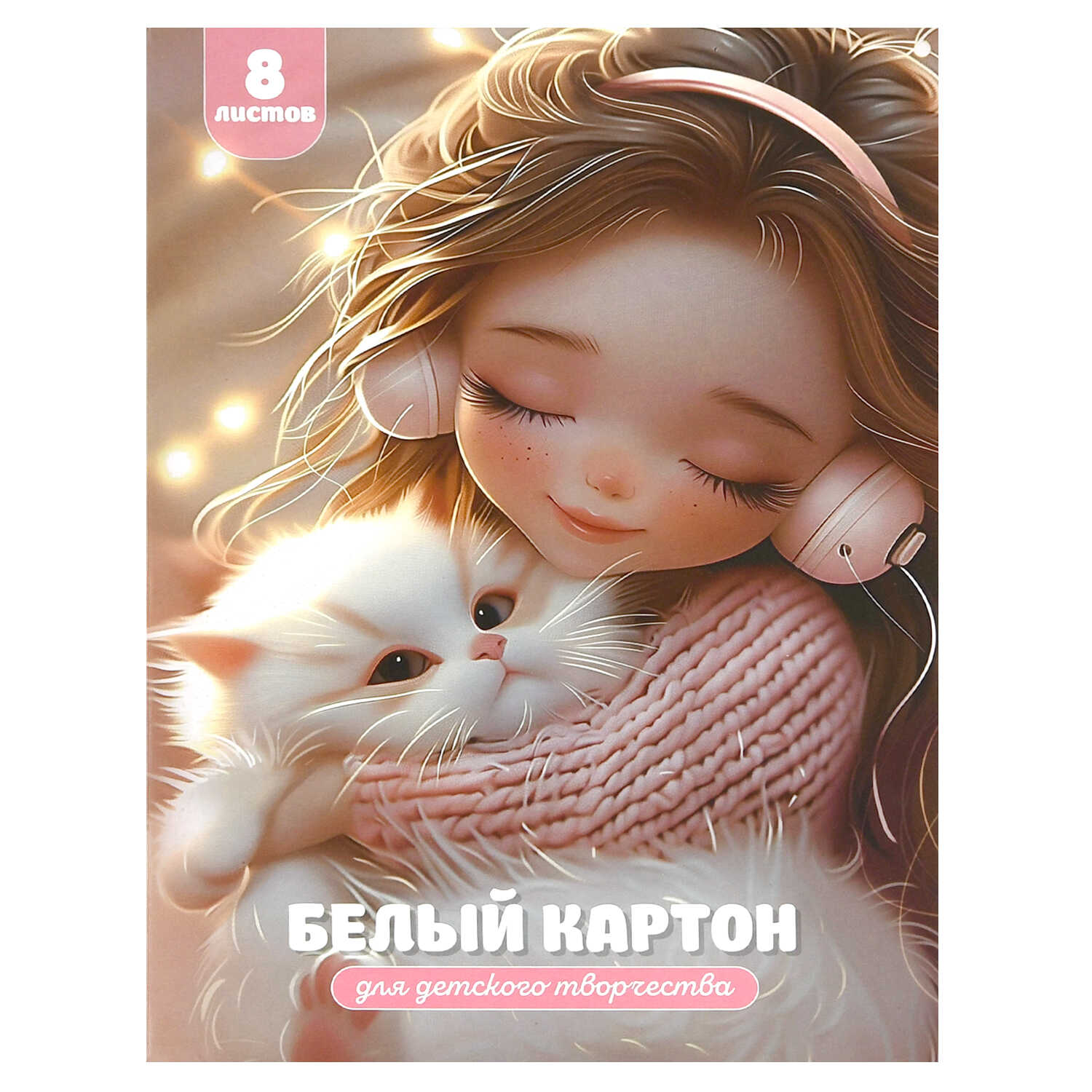 Картон белый А4 8 л "Девочка в наушниках и котенок" мелованный, односторонний 230 гр /73148