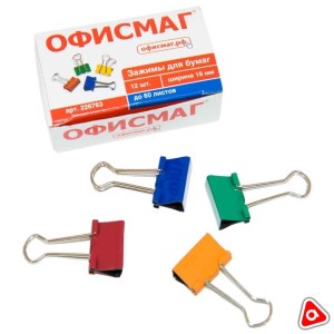 Зажим 19 мм цветные ОФИСМАГ на 60 л 226763/уп12 шт